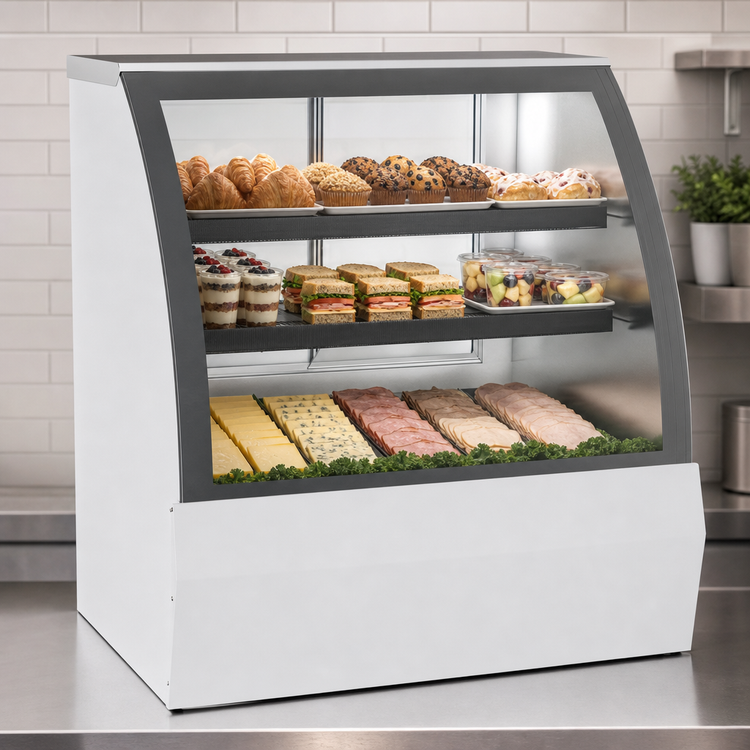 Product image #3 for Beverage-Air 49-1/4-Inch Full-Service Open-Food Rated Refrigerated Deli Case, 14 Cu. Ft., Curved Glass, White Exterior