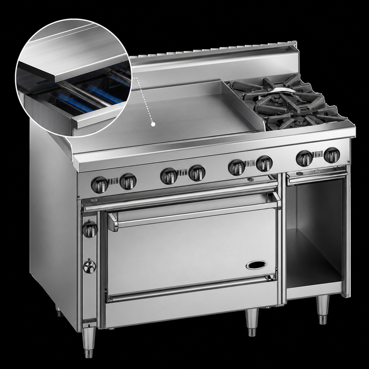 Product image #3 for Bistro 48-Inch Shallow-Depth Heavy-Duty Gas Restaurant Range with 36-Inch Griddle, 2 Open Burners, and Standard Oven