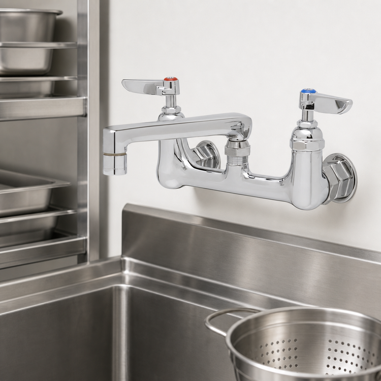 Product image #3 for T&S Brass 8-Inch Wall Mount Double Pantry Mixing Faucet with 6-Inch Cast Swing Spout, Low Lead, ADA Compliant