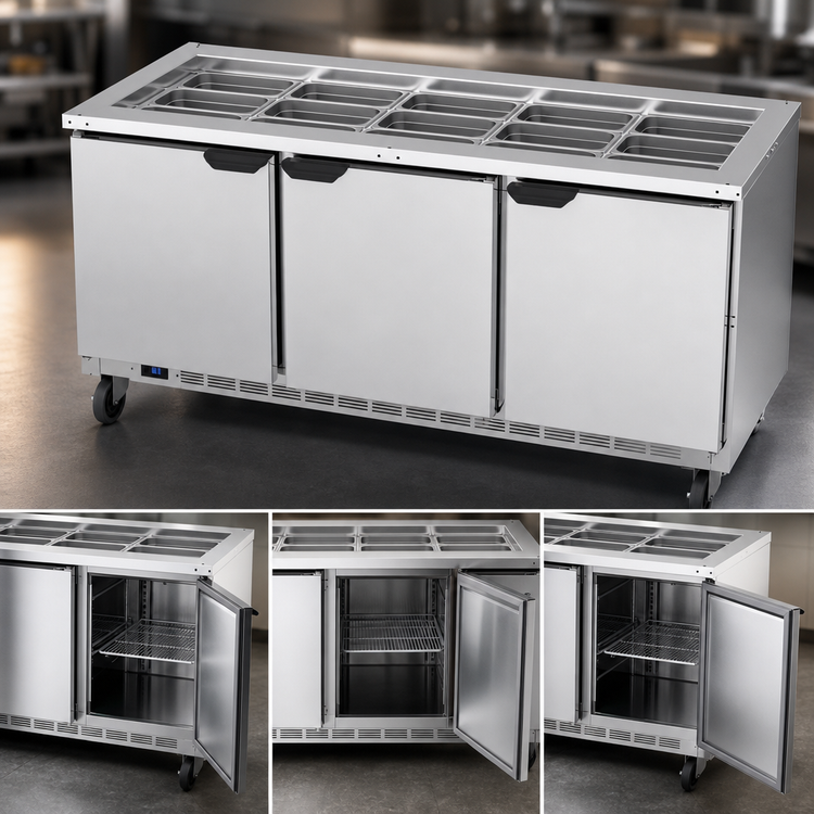 Product image #3 for Beverage-Air SPE72HC-S Three-Section 72-Inch Salad Top Refrigerated Counter with Solid Hinged Doors