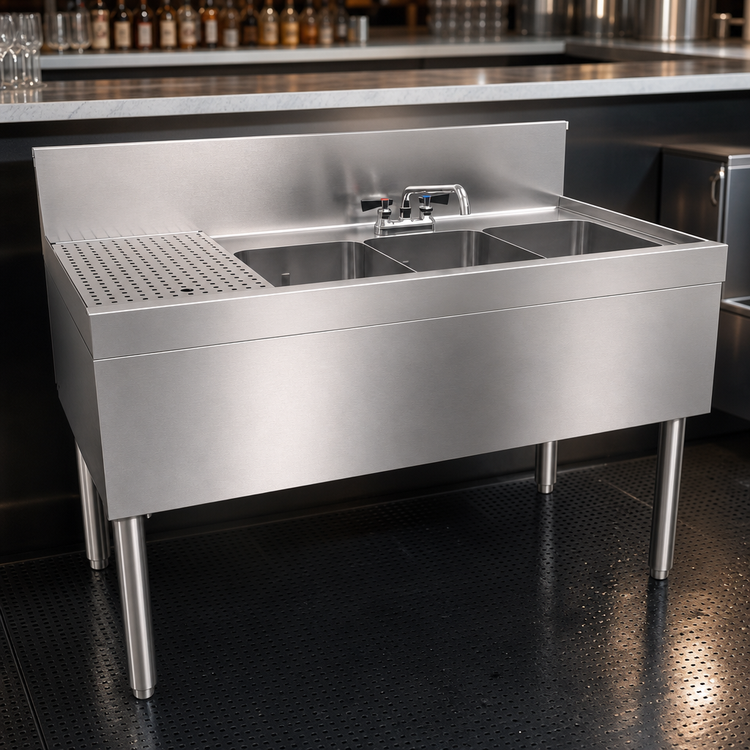 Product image #3 for Glastender Three-Compartment Underbar Sink Unit with Deck-Mount Faucet, 48" W x 24" D, Left Drainboard