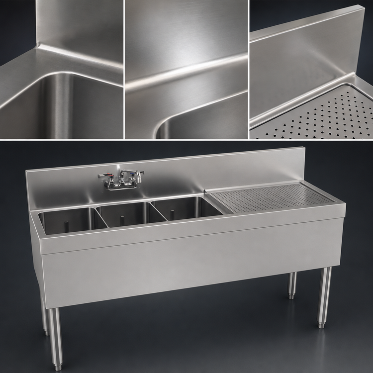 Product image #3 for Glastender Three-Compartment Underbar Sink Unit with Right Drainboard, 60 x 19 Inches, Stainless Steel