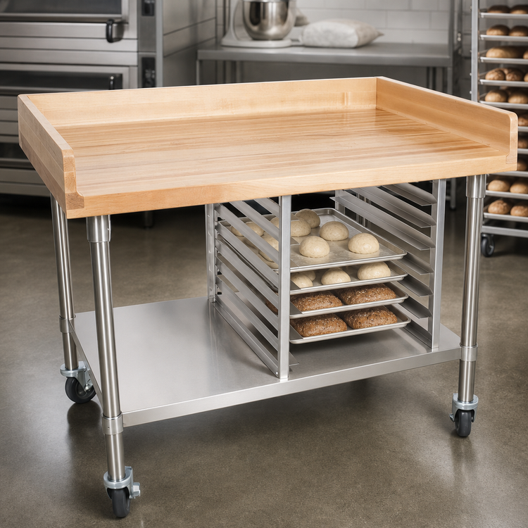 Product image #3 for John Boos BAK03 72-Inch x 30-Inch Wood Top Bakery Prep Table with Stainless Steel Undershelf and Bun Pan Rack