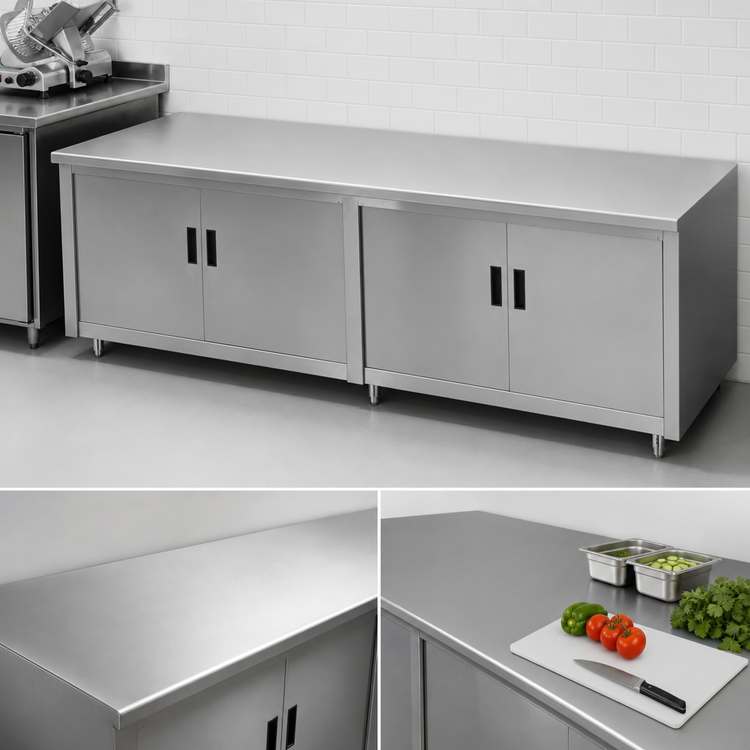 Product image #3 for Advance Tabco 120-Inch x 36-Inch Enclosed Stainless Steel Work Table with Cabinet Base, Mid-Shelf, Hinged Doors, and 14 Gauge 304 Top