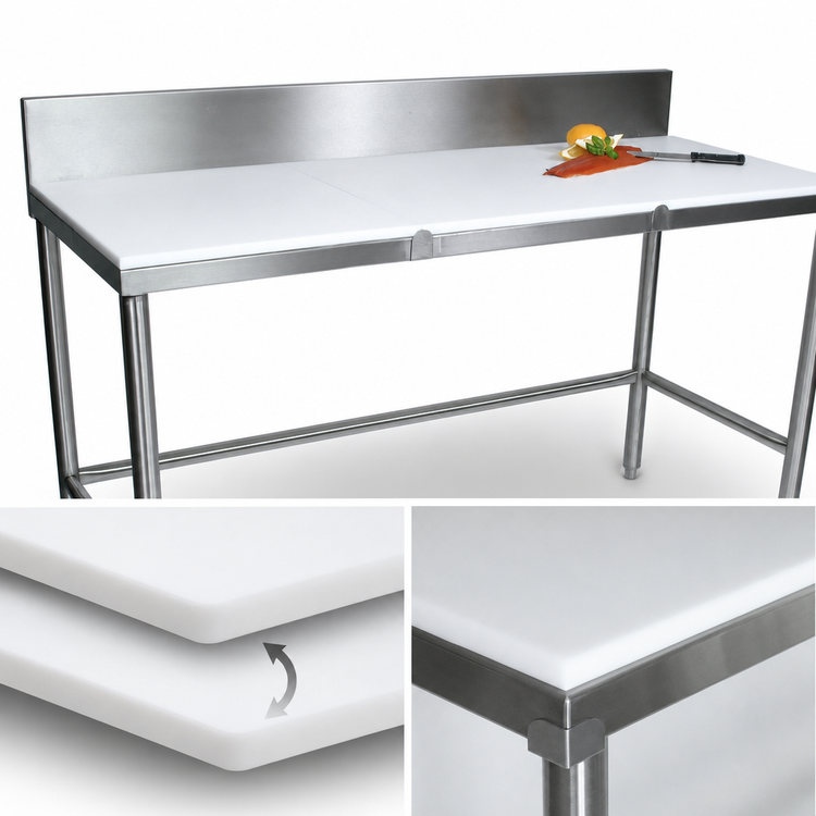 Product image #3 for John Boos 96-Inch x 24-Inch Trimming Table with 3/4-Inch Reversible Poly Top and 6-Inch Removable Backsplash