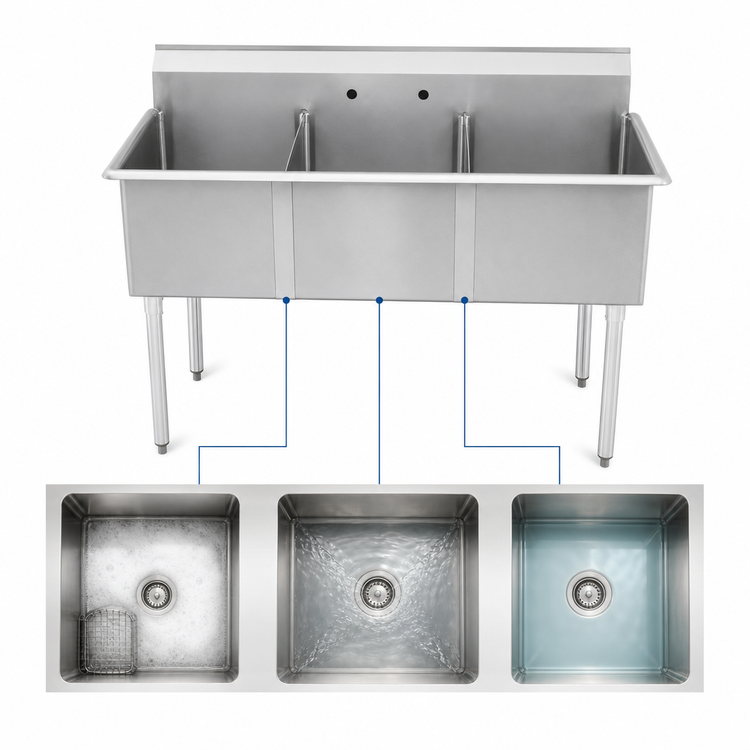 Product image #3 for Sapphire Manufacturing 3-Compartment Budget Sink, 57-Inch x 24-1/2-Inch, 18 Gauge Stainless Steel
