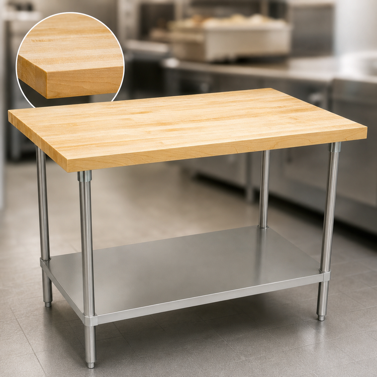 Product image #3 for Advance Tabco 48 Inch W x 36 Inch D Laminated Hard Maple Top Work Table with Adjustable Stainless Steel Undershelf