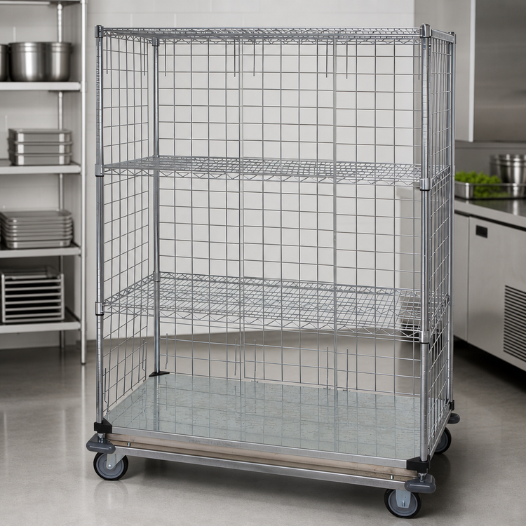 Product image #3 for Wire Enclosed Mobile Cart with 4 Shelves, 60 x 24 x 80 Inches, Chrome Plated, 1200 lb Capacity