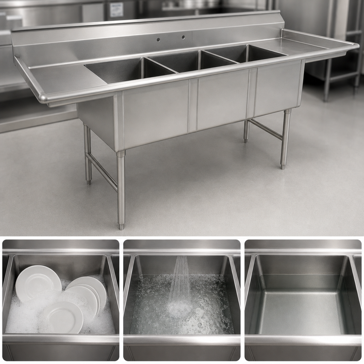 Product image #3 for Advance Tabco 3-Compartment Fabricated Sink with Dual 18-Inch Drainboards, 18 x 18 x 14-Inch Bowls, 16-Gauge 304 Stainless Steel