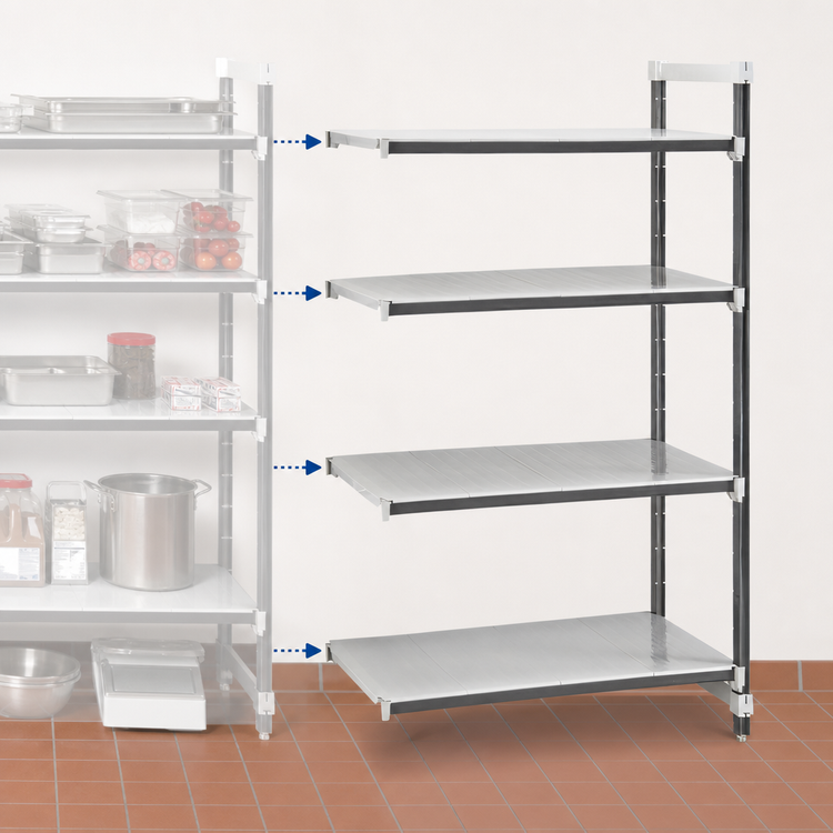 Product image #3 for Cambro Camshelving Elements XTRA 4-Tier Stationary Solid Add-On Polymer Shelving Unit, 30W x 24D x 84H, Speckled Gray