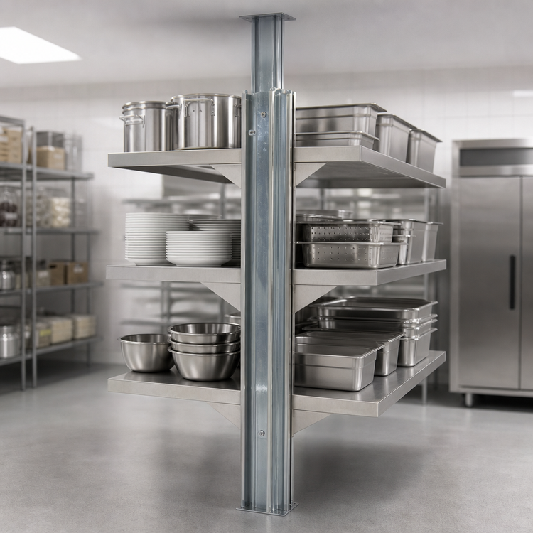 Product image #3 for Eagle Group Back-To-Back Stainless Steel Cantilever Shelving Upright, 120-Inch Floor-To-Ceiling Mount
