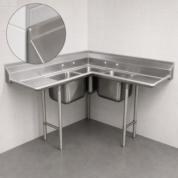 Product image #3 for Advance Tabco 3-Compartment Corner Sink with 24-Inch Left and Right Drainboards, 20 x 20 x 12 Bowls, 304 Stainless Steel