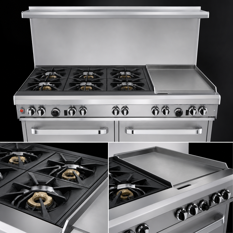 Product image #3 for Ultimate 60-Inch Commercial Gas Restaurant Range with 6 Open Burners, 24-Inch Griddle, and 2 Standard Ovens