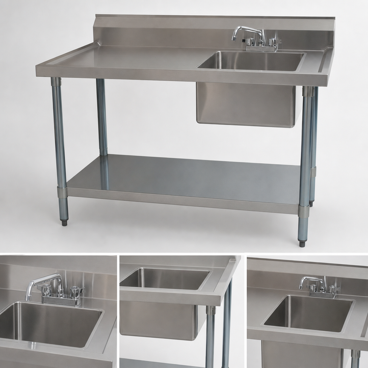 Product image #3 for BK Resources 48-Inch Stainless Steel Prep Sink Work Table with Right-Side Sink and 6-Inch Backsplash