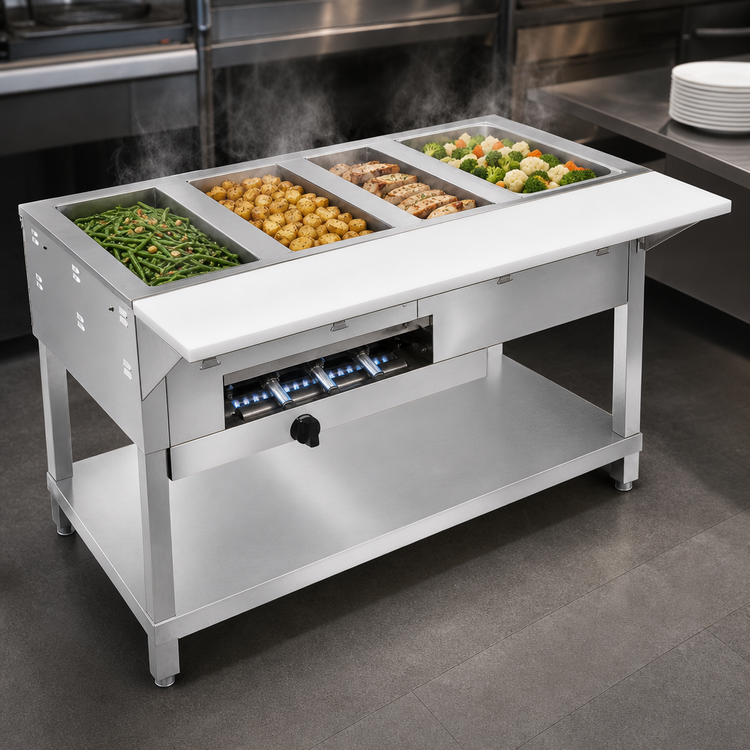 Product image #3 for 4-Well Gas Open Well Steam Table with Undershelf and 8-Inch Serving Board