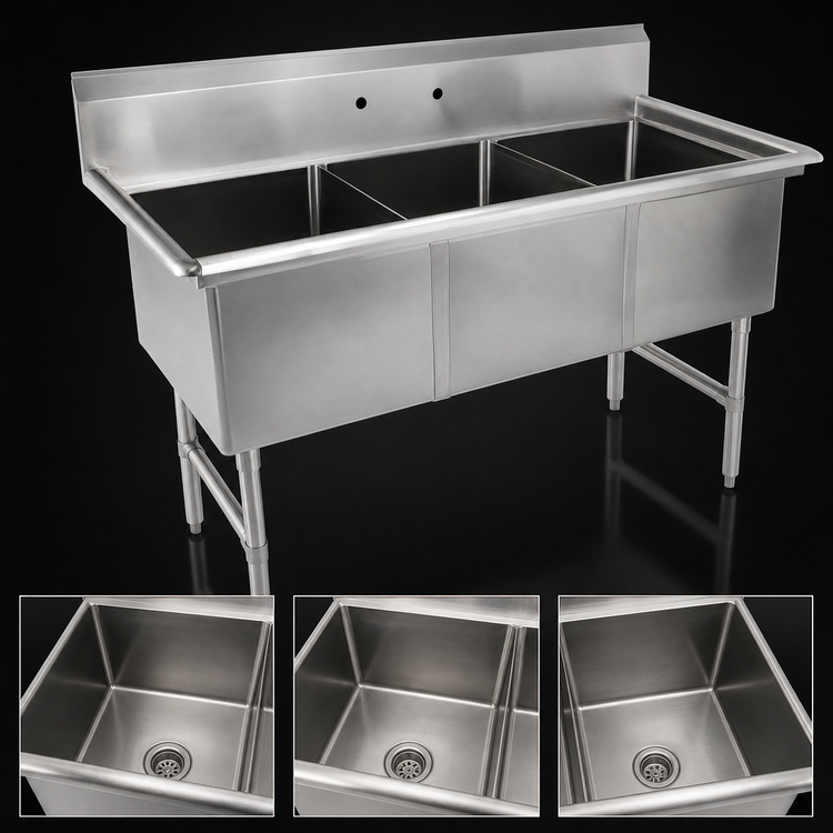 Product image #3 for John Boos B Series 3-Compartment Floor Model Stainless Steel Sink, 53-1/8 x 25-1/2 Inches, 14-Inch Deep Bowls