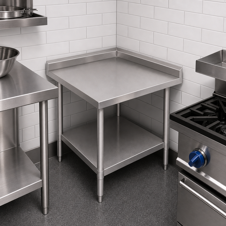 Product image #3 for John Boos Stallion 30" x 30" Corner Stainless Steel Economy Work Table with 5" Backsplash and Undershelf