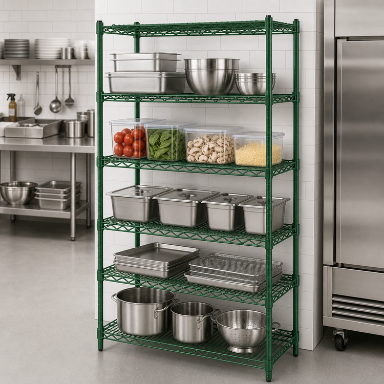 Product image #3 for Steel Works Stainless Heavy Duty 5-Tier Stationary Wire Shelving Unit, 60 x 14 x 84 Inches, Green Epoxy