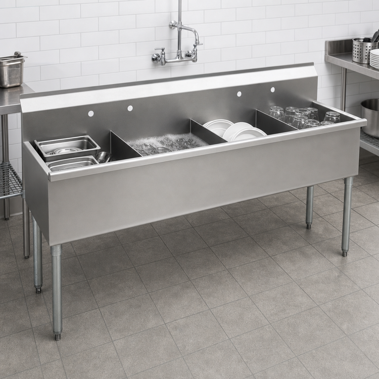 Product image #3 for Eagle Group Four-Compartment Utility Sink, 73-3/8 Inch x 28 Inch, 16-Gauge 430 Stainless Steel, No Drainboards