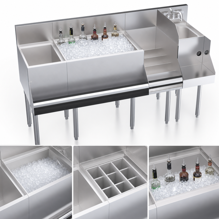 Product image #4 for Krowne Royal Series 60-Inch Underbar Ice Bin/Cocktail Station with Blender Station, Liquor Display, and 10-Circuit Cold Plate