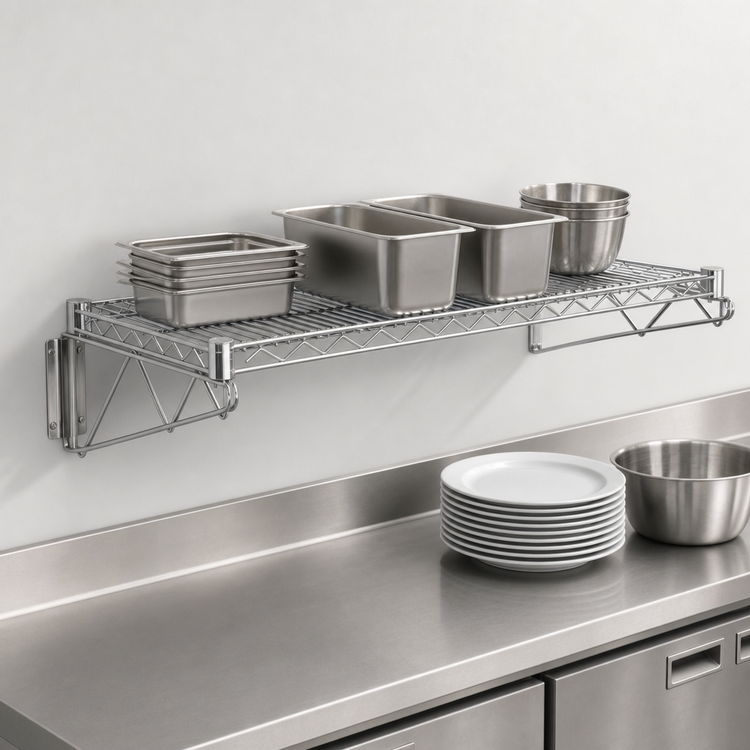 Product image #3 for Quantum Wall-Mounted Cantilever Single Wire Shelf, 36" W x 21" D, Chrome Plated