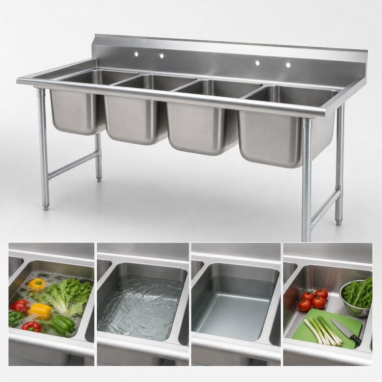 Product image #3 for Eagle Group 414 Series Four-Compartment Stainless Steel Sink, 24 x 24 Bowls, Without Drainboards