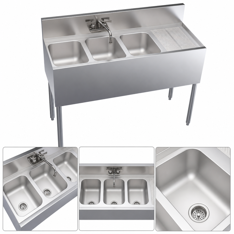 Product image #3 for Krowne Royal Series 48-Inch x 19-Inch Three-Compartment Underbar Sink Unit with Right Drainboard