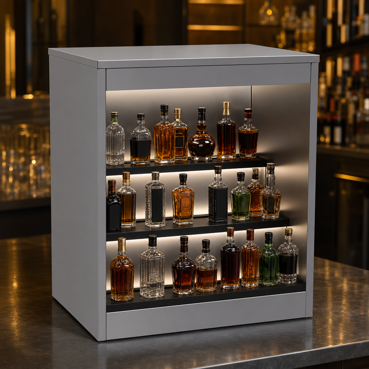 Product image #3 for Glastender Open Front Back Bar Liquor Display Cabinet, 30 Inch Wide, 3-Step Display with LED Lighting