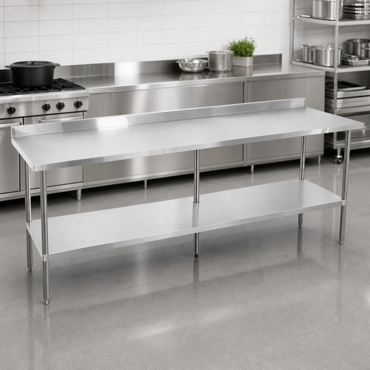Product image #3 for Sapphire Stainless Steel Worktable with 5-Inch Backsplash and Open Base with Undershelf, 108 x 30 x 35 Inches