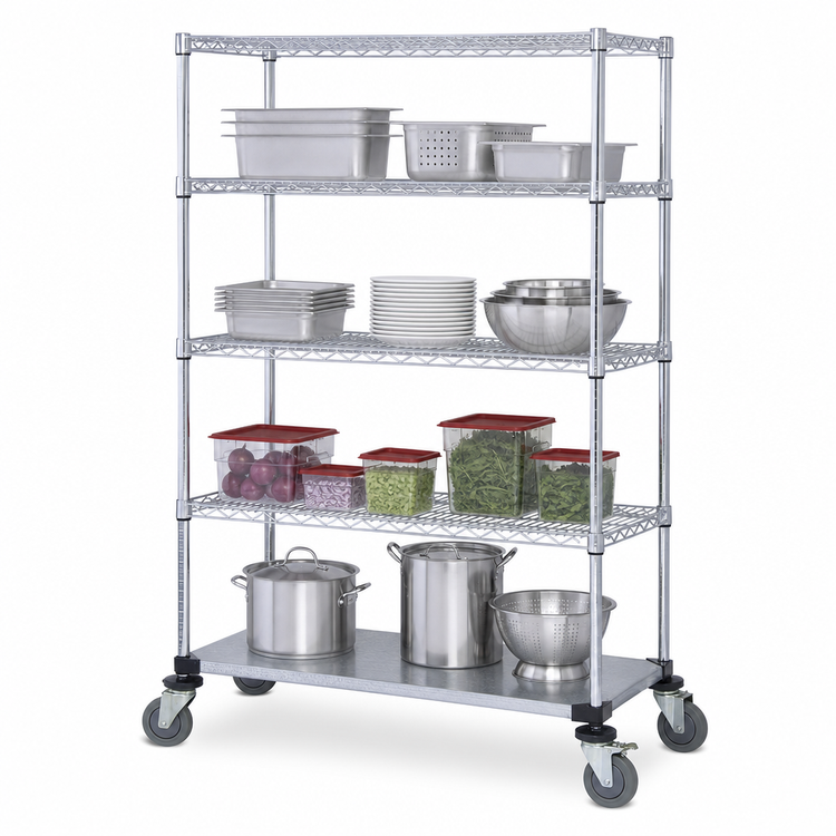 Product image #3 for Quantum 4-Shelf Mobile Wire Shelving Cart, 60"W x 24"D x 69"H, Chrome Plated
