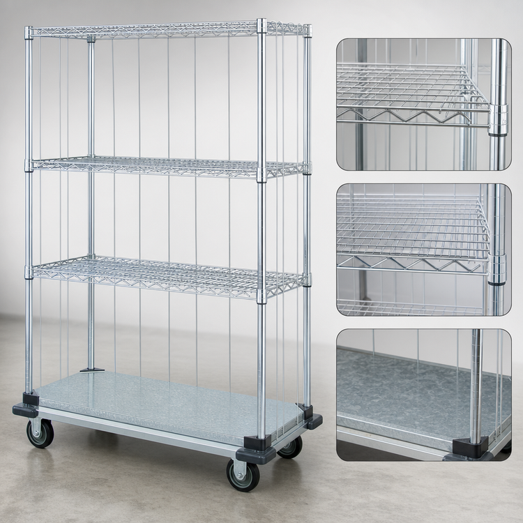 Product image #3 for Quantum 4-Shelf Mobile Enclosure Wire Shelving Cart, 36 x 24 x 70 Inches, Chrome Plated
