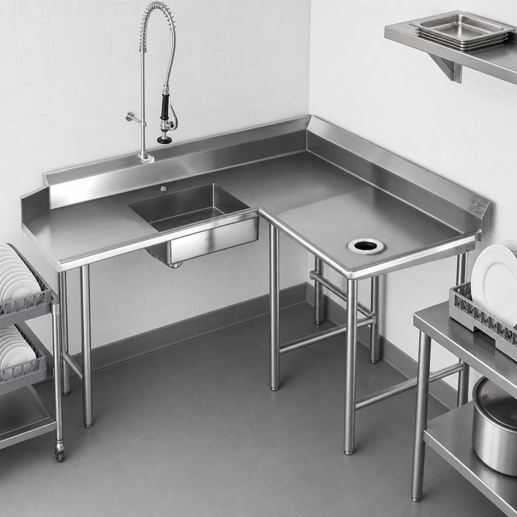 Product image #3 for Eagle Group Soiled Corner Dishtable with Pre-Rinse Sink, Right-Hand, 72 Inch, 16-Gauge 430 Stainless Steel