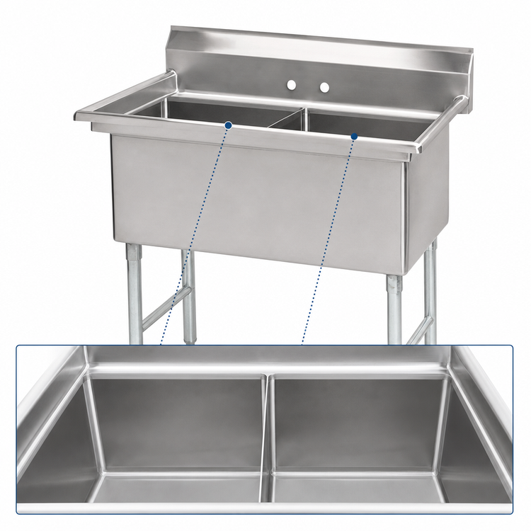Product image #3 for Advance Tabco Special Value Series 2-Compartment Fabricated Sink with Legs, 18 x 24 x 14-Inch Bowls, No Drainboards