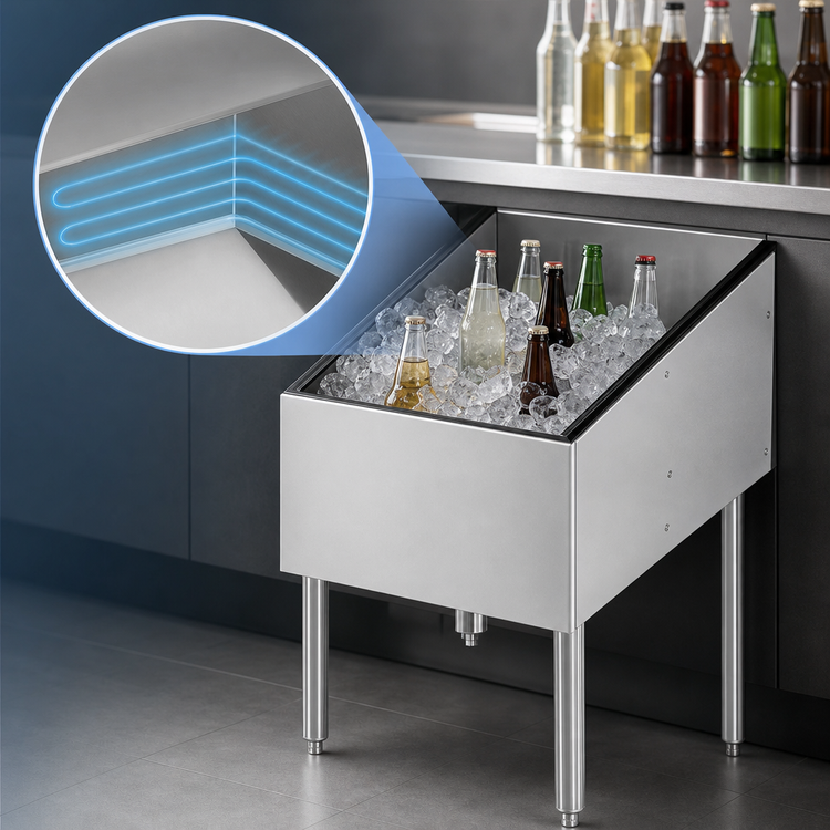Product image #3 for CHOICE Underbar Pass-Thru Ice Bin with Built-In 10-Circuit Cold Plate, 24 x 38 Inches, 175 lb Capacity