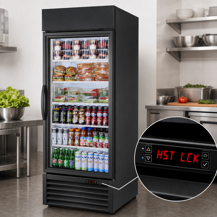 Product image #3 for True One-Section Glass Door Merchandiser Refrigerator with Health Safety Timer, 5 Shelves, Black Exterior (GDM-26-HST02-HC~TSL01)