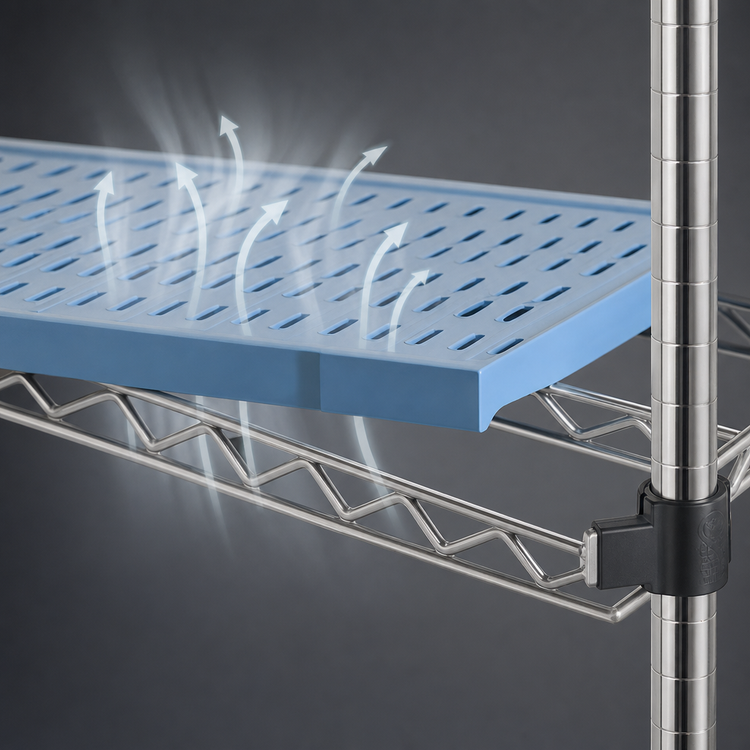 Product image #3 for QuadPlus 72 Inch x 21 Inch Blue Polymer Louvered Shelf Mat with Chrome Quad-Adjust Frame