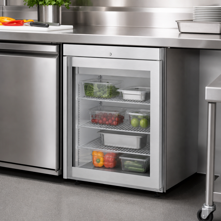 Product image #3 for Hoshizaki Compact 24-Inch Undercounter Glass Door Reach-In Refrigerator, 3.87 Cu. Ft., Self-Contained Rear-Mounted, Stainless Steel