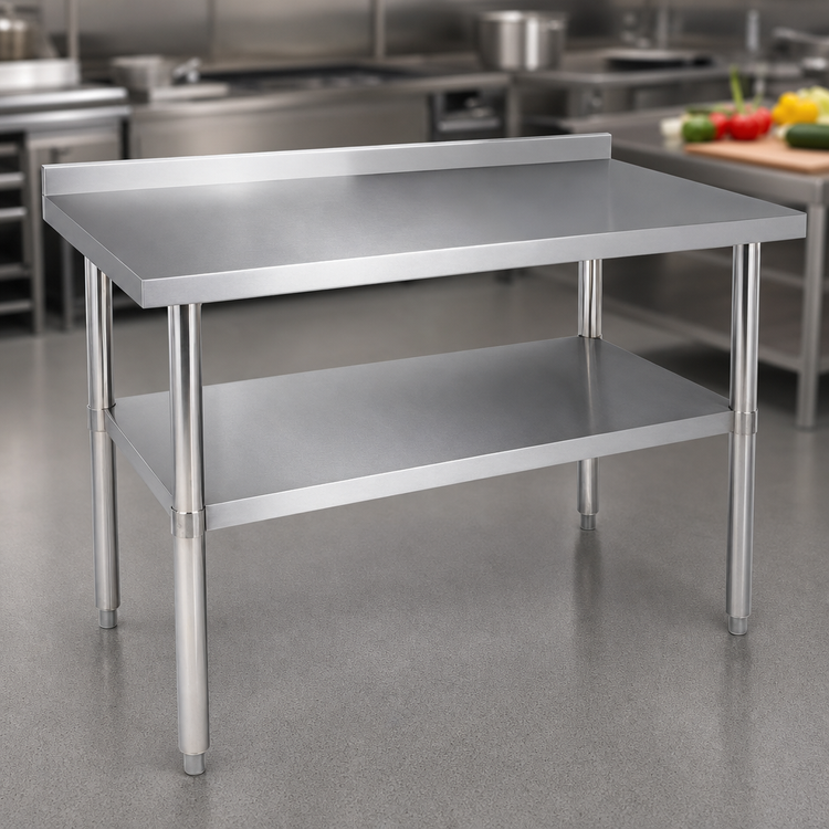 Product image #3 for 14 Inch x 30 Inch 18 Gauge 18/430 Stainless Steel Work Table with 2 Inch Rear Up-Turn, Open Base, and Adjustable Undershelf