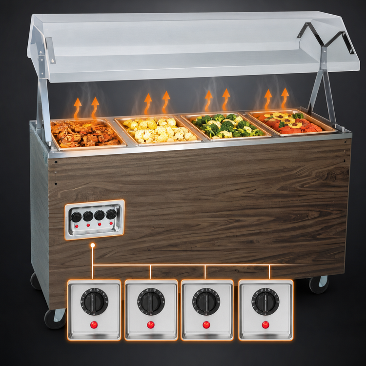 Product image #3 for Vollrath 2-Series Affordable Portable 4-Well Electric Hot Food Station with Buffet Breath Guard, Cherry Woodgrain