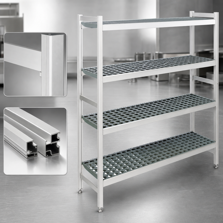 Product image #3 for Fermod Fermostock 4-Tier Stationary Perforated Aluminum/Polymer Starter Shelving Unit, 64W x 18D x 83H