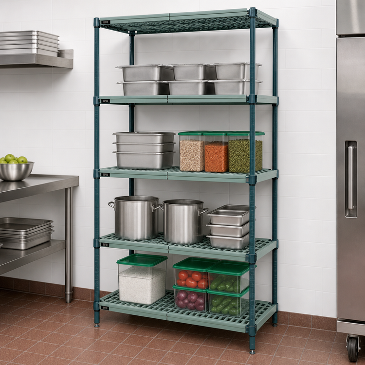 Product image #3 for Quantum 4-Tier Stationary Wire Plastic Mat Shelving Unit, 30"W x 21"D x 86"H, Green Epoxy Antimicrobial Coating