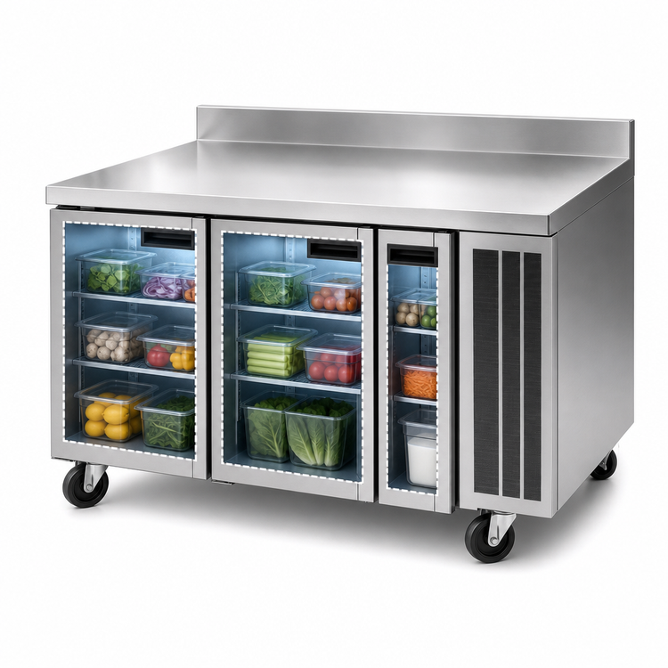 Product image #3 for Delfield 91-Inch Three-Section Refrigerated Work Table with 4-Inch Backsplash