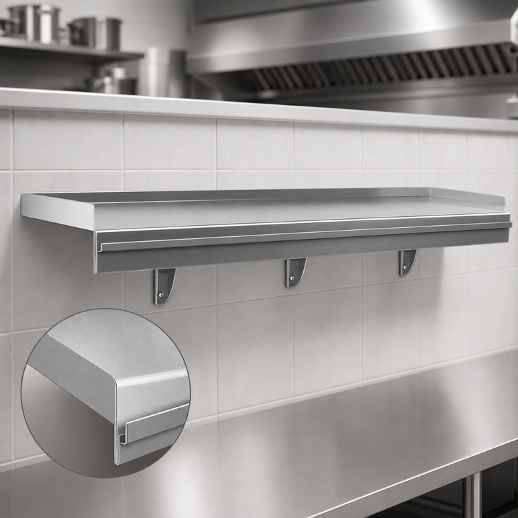 Product image #3 for Snap-n-Slide 96-Inch x 12-Inch 16-Gauge 430 Stainless Steel Wall Shelf with Ticket Rail