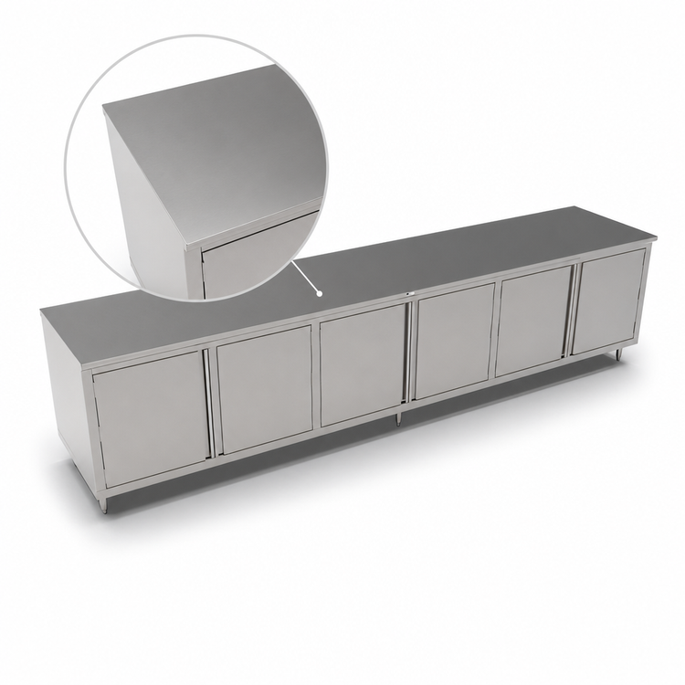 Product image #3 for John Boos Enclosed Stainless Steel Cabinet Base Work Table, 132 x 30 Inch, Flat Top, 3 Hinged Door Sets