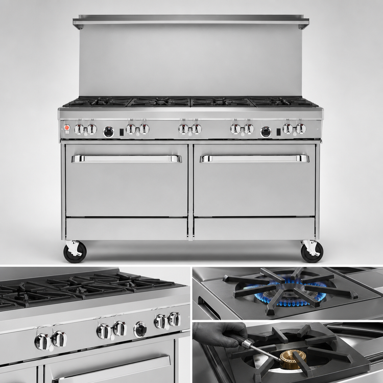 Product image #3 for Ultimate 60-Inch Gas Restaurant Range with 4 Non-Clog Burners, 36-Inch Griddle, Convection Oven, and Cabinet Base