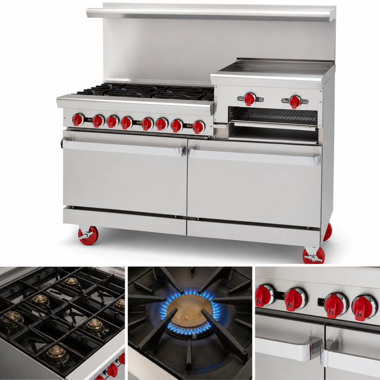 Product image #3 for American Range 60-Inch Gas Restaurant Range with 6 Open Burners, 24-Inch Right Raised Griddle/Broiler and Double Storage Base