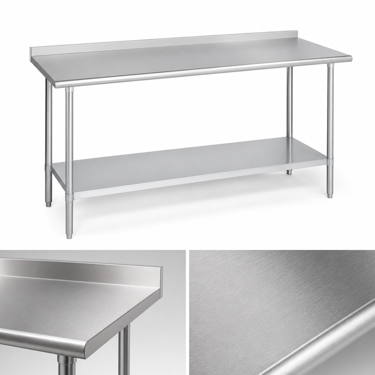 Product image #3 for Duke 84" x 36" 14-Gauge 300 Series Stainless Steel Work Table with 1-1/8" Straight Riser and Galvanized Undershelf