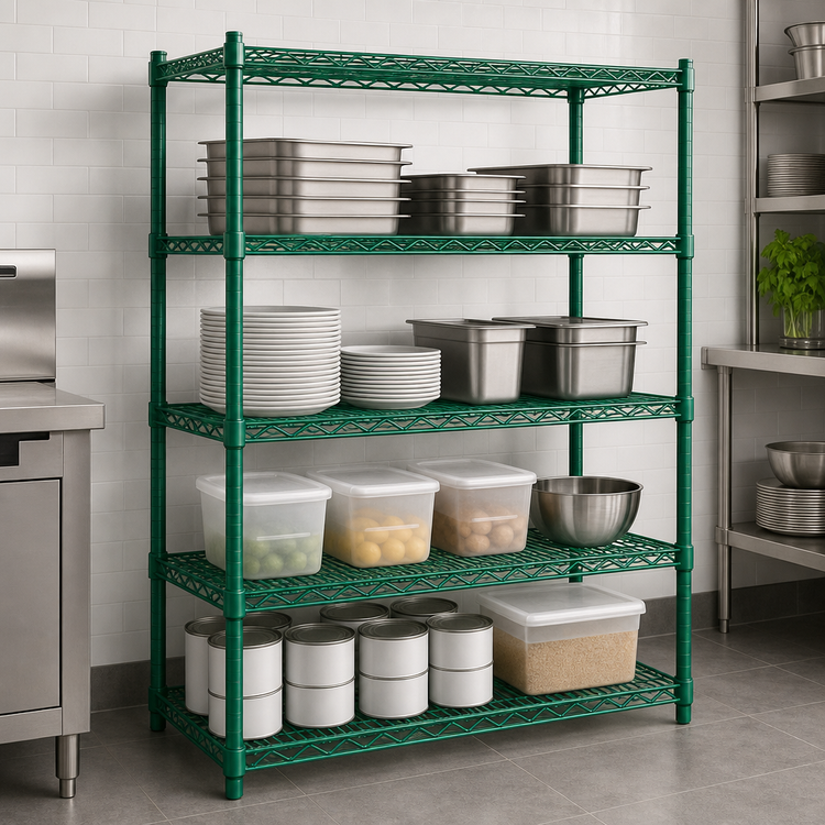 Product image #3 for Eagle Group Valu-Gard Quad-Adjust Stationary 4-Tier Wire Shelving Starter Unit, 48W x 24D x 74H, Green Epoxy