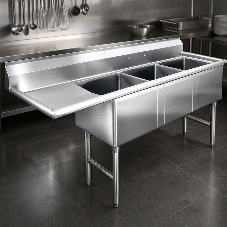 Product image #3 for Steel Works Stainless 18-Gauge 304 Stainless Steel 3-Compartment Sink with Left Drainboard, 42 1/2 x 19 1/2 Inches
