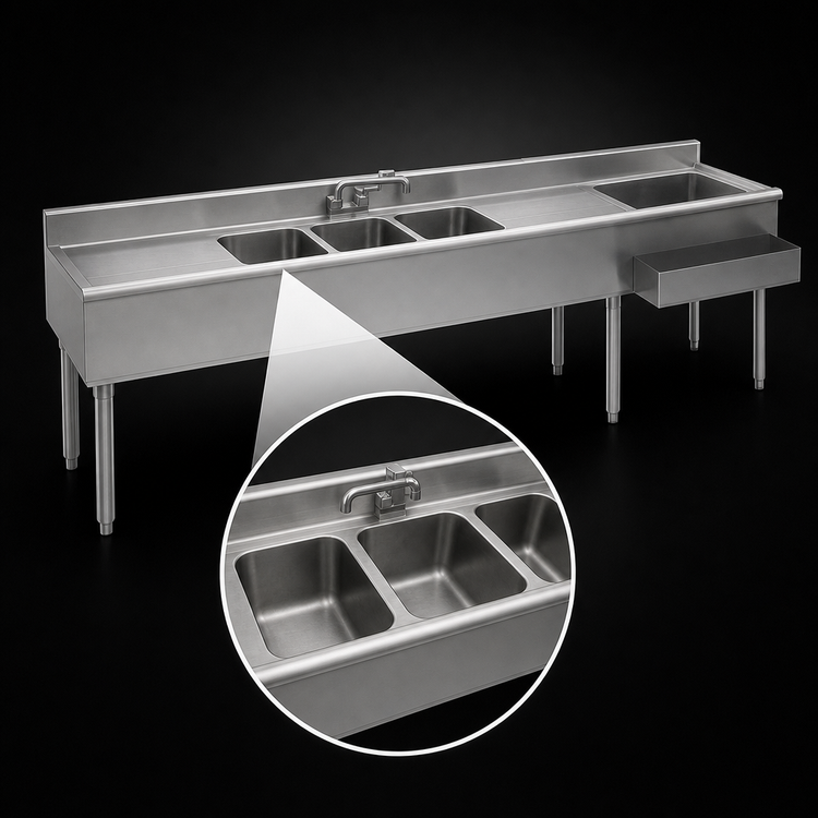 Product image #3 for Eagle Group 1800 Series 84-Inch Underbar Combination Unit with 3 Sink Bowls, 2 Drainboards, 24-Inch Ice Bin, and Right Speedrail